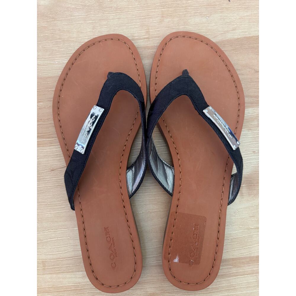 Coach Sommer 12 CM $155 Sig C Shoes Sandal Thongs Black Leather Flip Flop Sz 6.5 - Picture 3 of 8